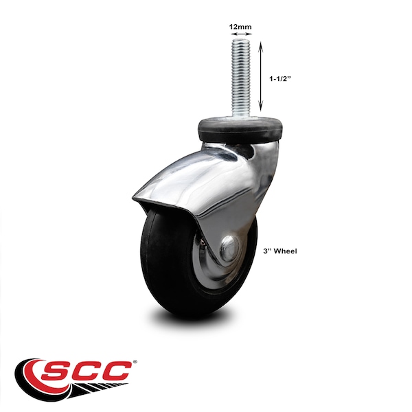 3 Inch Bright Chrome Hooded Neoprene Rubber 12mm Threaded Stem Caster SCC